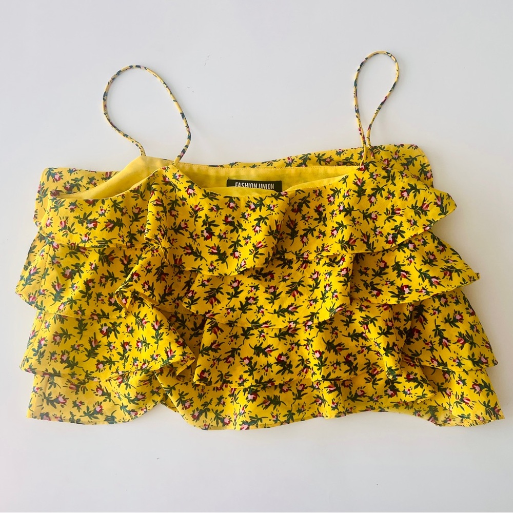 Yellow flower print waterfall ruffle crop top
